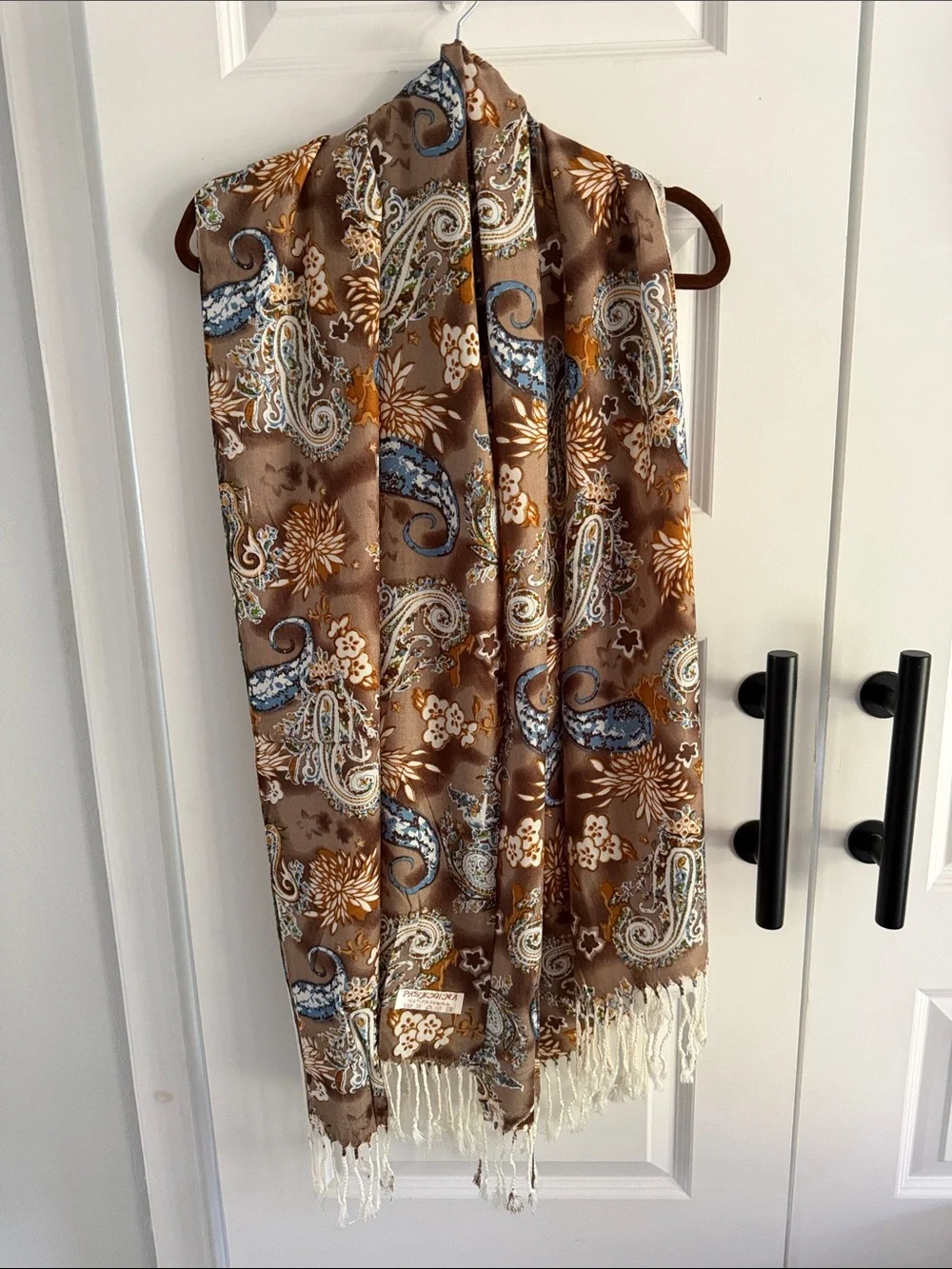 Brown and blue Paisley Fringe pashmina